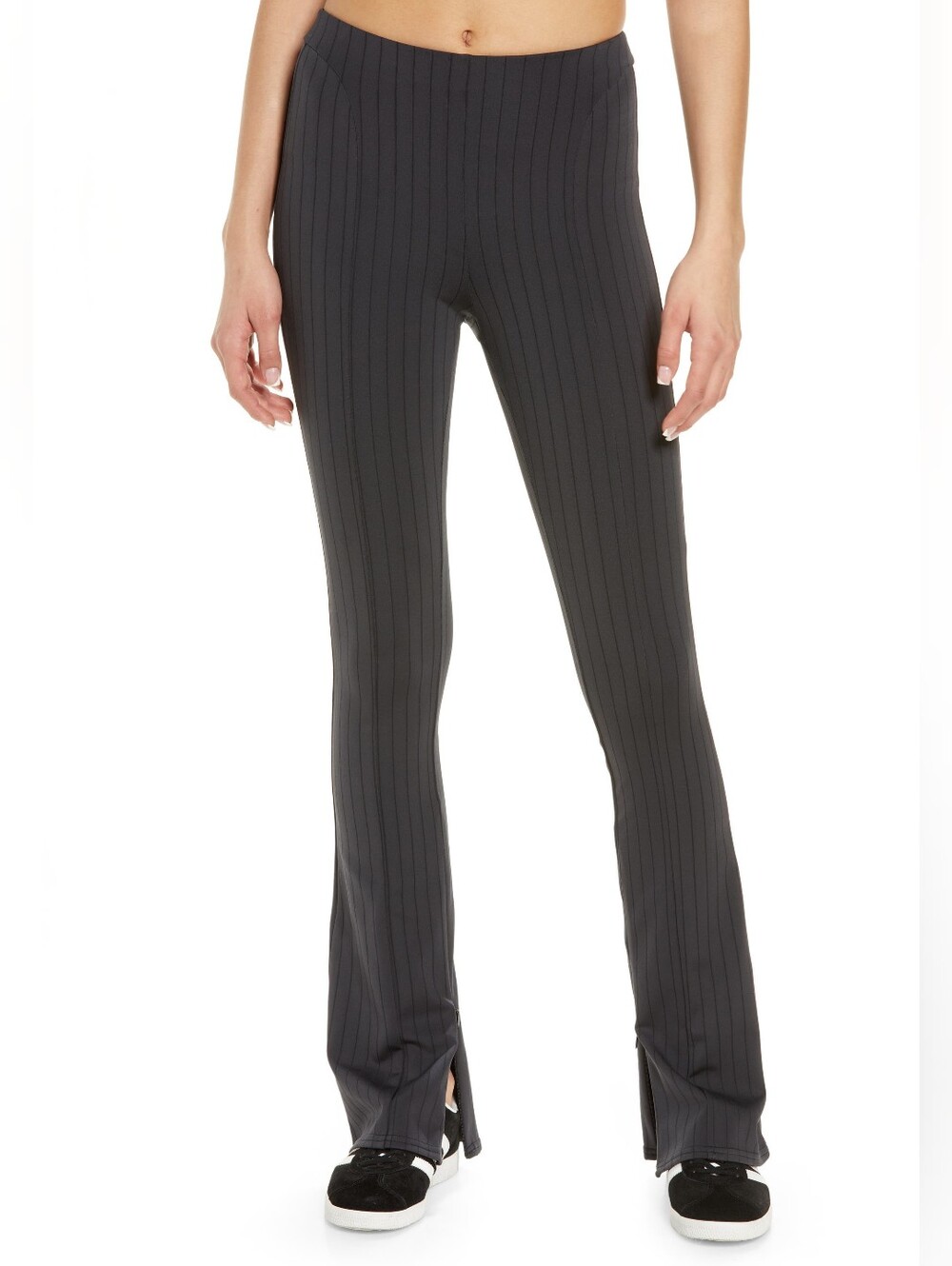 Alo Zip It Pinstripe High Waist Zip Cuff Gray Flare Leggings Size Small